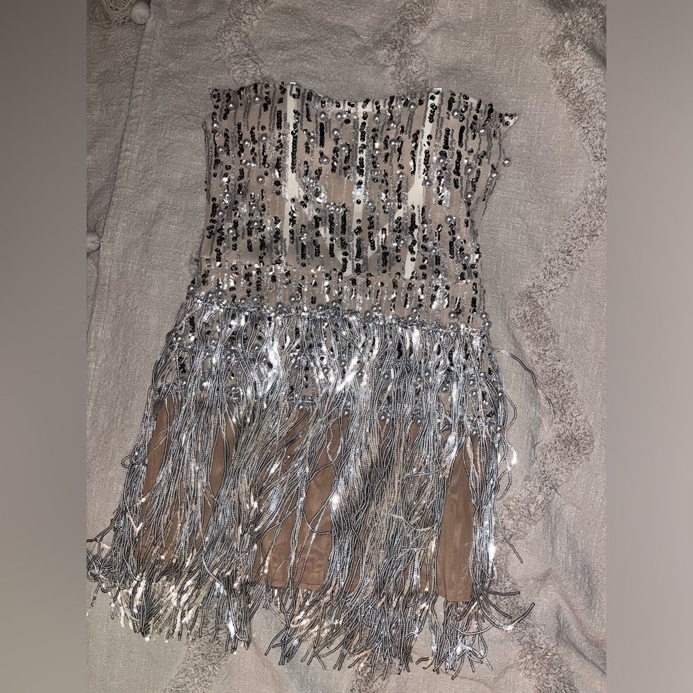 SOREL PEARL SEQUIN TASSEL MINI DRESS